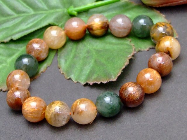 Genuine, Semi-Precious Stones - g3-1524P　福禄寿ルチルクォーツ 11mm A ブレスレット 内径17cm ポーチ付き ミックスルチルクォーツ 送料無料 ポーチ付き ブラジル産 天然石 パワーストーン