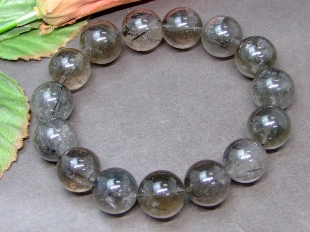 61677　　ブラックルチルクォーツ 15mm ブレスレット 内径19cm 針水晶 ポーチ付き 送料無料 ブラジル産 天然石 パワーストーン