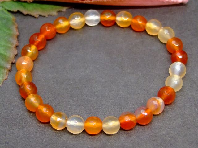 62451　　カーネリアン 6mm カット ブレスレット 内径16cm ポーチ付き 鑑別済・本物保証 ネコポス送料無料 ブラジル産 天然石 パワーストーン