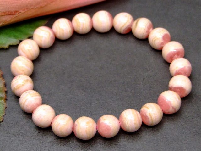 g3-619W　　インカローズ 9mm ブレスレット 内径16cm 鑑別済・本物保証 ポーチ付き 送料無料 アルゼンチン産 天然石 パワーストーン