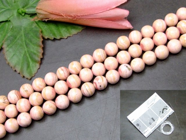 g3-619S　　インカローズ 9mm 1連39cm 通し針、解説書、1mゴム付き 鑑別済・本物保証 送料無料 アルゼンチン産 天然石 パワーストーン