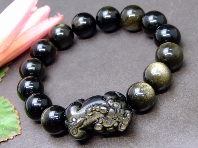 63482　　ゴールドオブシディアン 貔貅 ヒキュウ ひきゅう 32mm×19mm／14mm ブレスレット 内径18cm 送料無料 天然石 パワーストーン