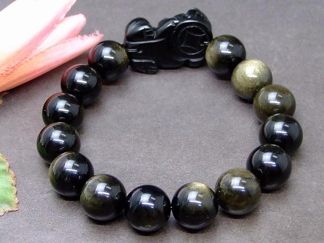 63482　　ゴールドオブシディアン 貔貅 ヒキュウ ひきゅう 32mm×19mm／14mm ブレスレット 内径18cm 送料無料 天然石 パワーストーン