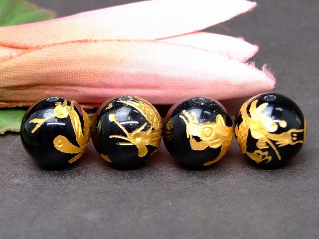 63500　　四神 14mm 手彫 オニキス 金箔 1set (各1粒青龍・白虎・朱雀・玄武) 風水 四神獣 ネコポス送料無料 天然石 パワーストーン