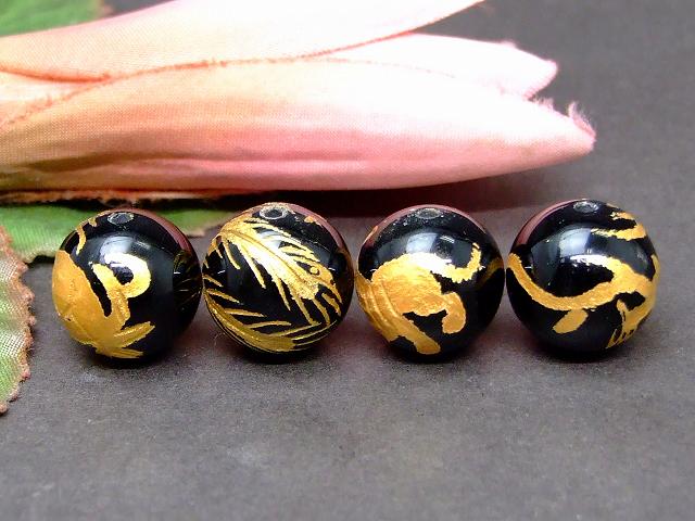 63500　　四神 14mm 手彫 オニキス 金箔 1set (各1粒青龍・白虎・朱雀・玄武) 風水 四神獣 ネコポス送料無料 天然石 パワーストーン
