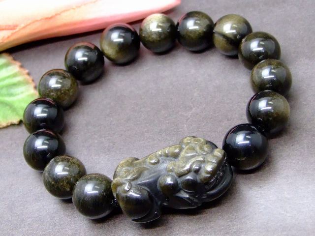 g3-462R　　特級 ゴールドオブシディアン 貔貅 ヒキュウ ひきゅう 32mm×19mm 12mm 5A ブレスレット 内径調節可 送料無料 天然石 パワーストーン