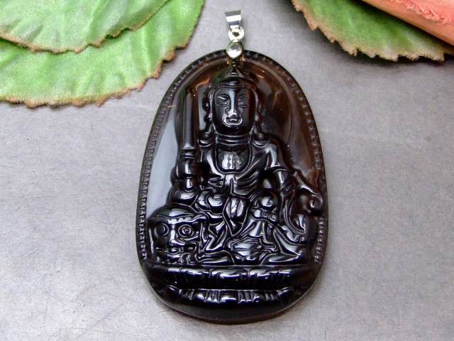 63857　　スモーキークォーツ 50mm×33mm 1個売り 明王 ほとけ お守り 厄除け ペンダントトップ 送料無..