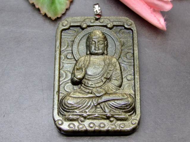 63860　　ゴールドオブシディアン 特級 56mm×38mm 1個売り 如来 菩薩 ほとけ お守り 厄除け ペンダントトップ 送料無料 アメリカ産 天然石 パワーストーン