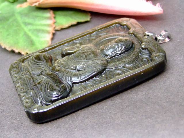 63860　　ゴールドオブシディアン 特級 56mm×38mm 1個売り 如来 菩薩 ほとけ お守り 厄除け ペンダントトップ 送料無料 アメリカ産 天然石 パワーストーン