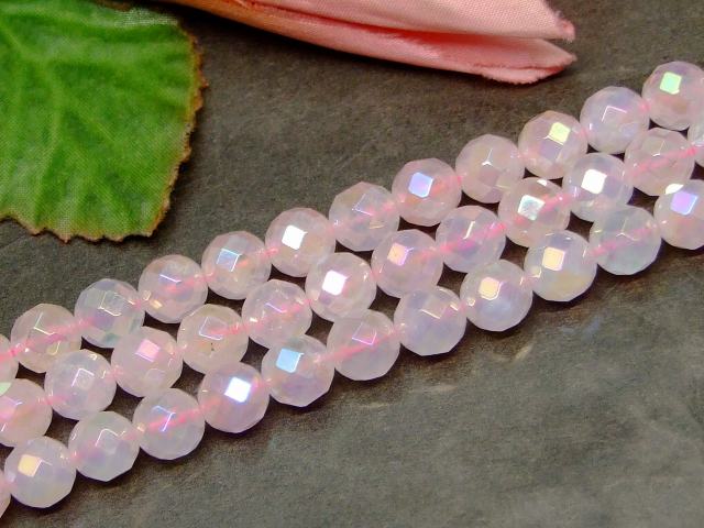 g3-79R　　今月10％OFF ローズクォーツ アクアオーラ ローズオーラ 8mm AA 64面カット 1連38cm 通し針、解説書、1mゴム付き 送料無料 ブラジル産 天然石 パワーストーン