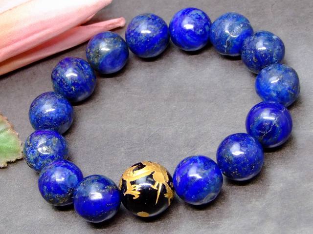 64244　　今月の半額 わけあり 14mm ラピスラズリ 瑠璃石 16mm 龍彫り オニキス ブレスレット 内径17cm 送料無料 天然石 パワーストーン