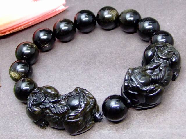 g3-463Z　　ゴールドオブシディアン 貔貅 ヒキュウ ひきゅう 35mm×20mm／12mm ブレスレット 内径調節可 送料無料 天然石 パワーストーン