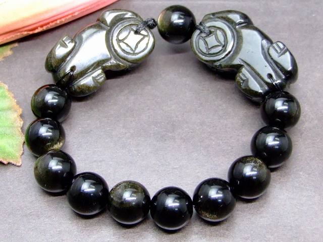 g3-463Z　　ゴールドオブシディアン 貔貅 ヒキュウ ひきゅう 35mm×20mm／12mm ブレスレット 内径調節可 送料無料 天然石 パワーストーン