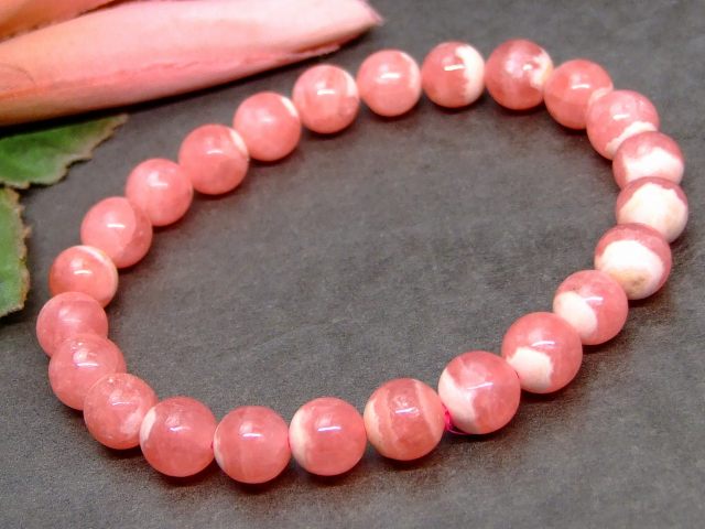 64392　　インカローズ 8mm AAA+ ブレスレット 内径16cm 鑑別済・本物保証 ポーチ付き 送料無料 アルゼンチン産 天然石 パワーストーン