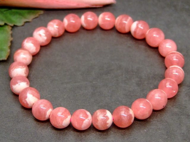 64392　　インカローズ 8mm AAA+ ブレスレット 内径16cm 鑑別済・本物保証 ポーチ付き 送料無料 アルゼンチン産 天然石 パワーストーン