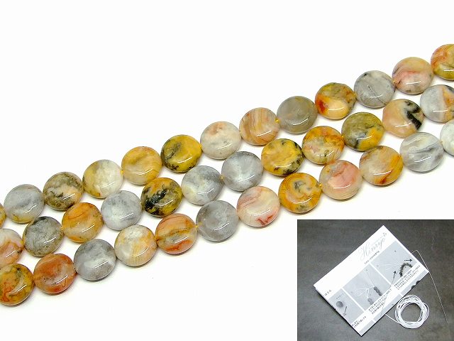 g3-3346　　クレイジーアゲート 瑪瑙 メノウ 15mm 円盤 コイン 1連39cm 通し針、解説書、1mゴム付き 送..