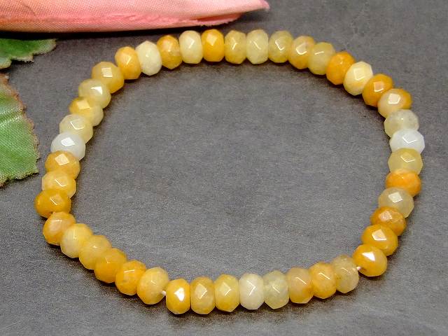g3-28D　　黄翡翠 ヒスイ 6mm×4mm ボタンカット ソロバンカット ブレスレット 内径調節可 送料無料 天然石 パワーストーン