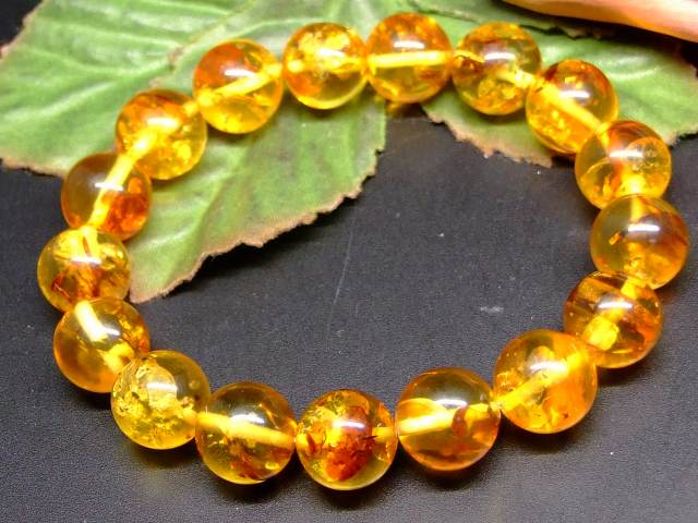 65555　　花アンバー 琥珀 11mm 5A ブレスレット 内径17cm ポーチ付き 鑑別済・本物保証 送料無料 メキシコ産 天然石 パワーストーン