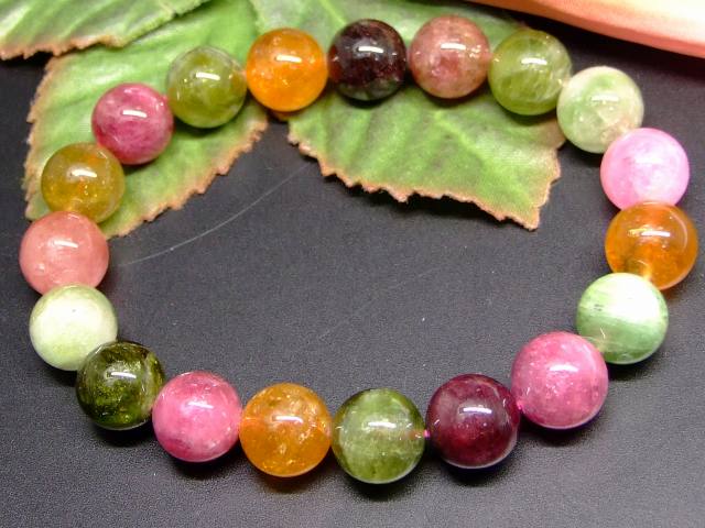 65709　　ミックストルマリン 電気石 10mm 3A+ ブレスレット 内径18cm ポーチ付き 送料無料 ブラジル産 天然石 パワーストーン