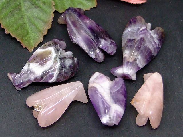 68380　　わけあり アメジスト/ローズクォーツ 37mm×25mm〜29mm×20mm 6個セット 天使 エンジェル 送料無料 ブラジル産 天然石 パワーストーン
