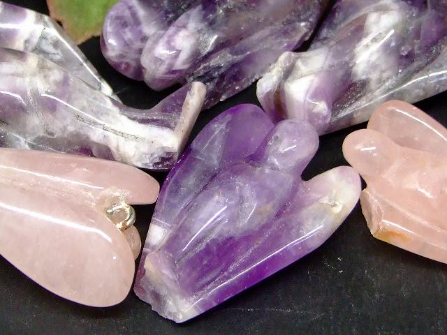 68380　　わけあり アメジスト/ローズクォーツ 37mm×25mm〜29mm×20mm 6個セット 天使 エンジェル 送料無料 ブラジル産 天然石 パワーストーン