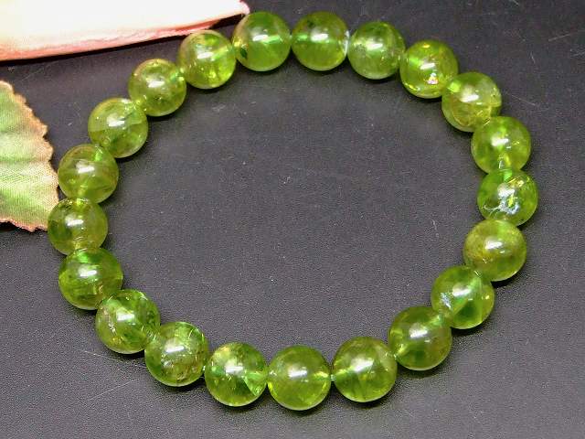 66249　　ペリドット 10mm 5A ブレスレット 内径18cm 鑑別済 本物保証 ポーチ付き 送料無料 ミャンマー産 天然石 パワーストーン