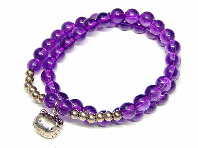 66241　　アメジスト 紫水晶 7mm 二重ブレスレット 長さ36cm シルバー925 チャーム付き ポーチ付き 送..