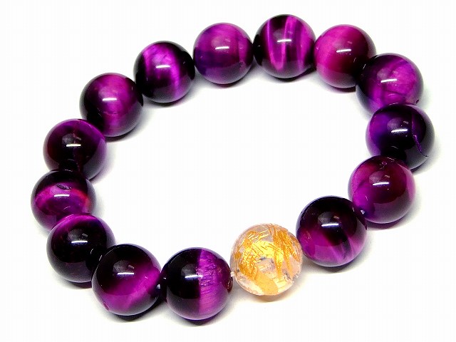 66273　　今月の半額 わけあり 14mm パープルタイガーアイ 水晶 龍 金彫り ブレスレット 内径18cm ポーチ付き 送料無料 天然石 パワーストーン