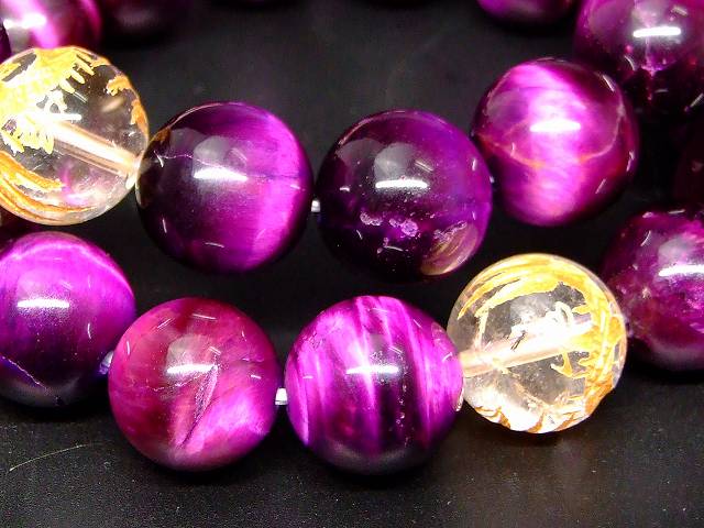 66273　　今月の半額 わけあり 14mm パープルタイガーアイ 水晶 龍 金彫り ブレスレット 内径18cm ポーチ付き 送料無料 天然石 パワーストーン