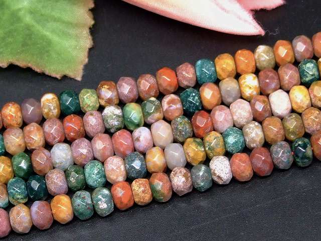 g3-161H　　モスアゲート 苔瑪瑙 6mm×4mm ボタンカット ソロバンカット 1連38cm 通し針、解説書、1mゴム付き 送料無料 インド産 天然石 パワーストーン