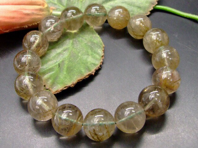 68055 　グリーンルチルクォーツ 針水晶 13mm〜14mm ブレスレット 内径18cm ポーチ付き 送料無料 ブラジル産 天然石 パワーストーン