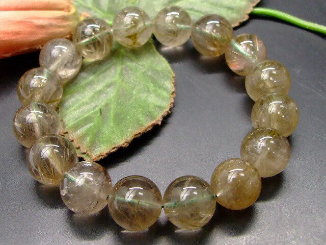 68055 　グリーンルチルクォーツ 針水晶 13mm〜14mm ブレスレット 内径18cm ポーチ付き 送料無料 ブラジル産 天然石 パワーストーン