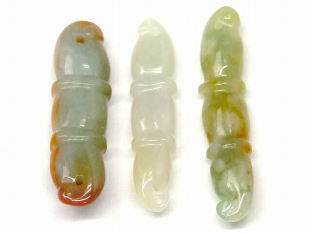 68214　　ミャンマー翡翠 ペンダントトップ 31mm×7mm〜34mm×6mm 3個セット 福豆 ヒスイ ジェイド ジェ..