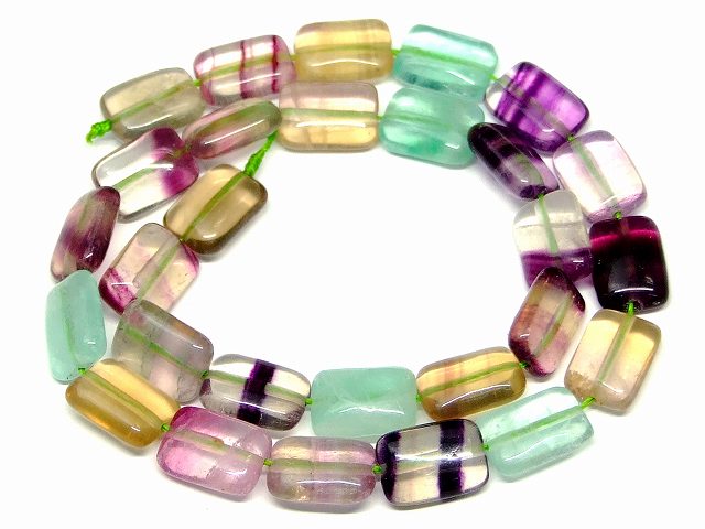 g3-3383A　　ミックスフローライト 14mm×10mm 四角 スクエア 蛍石 1連38cm 通し針、解説書、1mゴム付き 送料無料 アメリカ産 天然石 パワーストーン