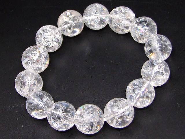 58944A　　虹入り クラック水晶 14mm〜15mm AAA ブレスレット 内径17cm クリスタル クォーツ 爆裂水晶 ..