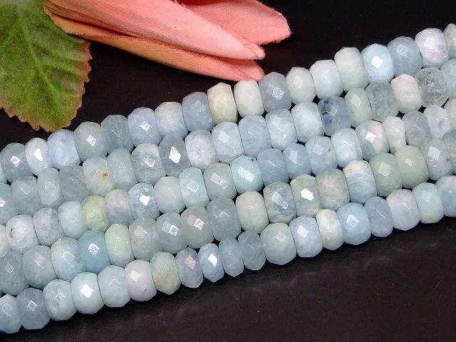 b3-7122　　アクアマリン 12mm×6mm〜9mm×5mm ボタンカット ソロバンカット 1連40cm 通し針、解説書、1mゴム付き 送料無料 天然石 パワーストーン
