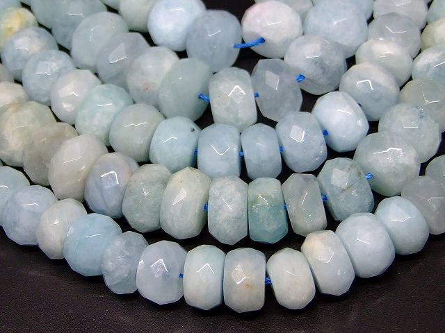 b3-7122　　アクアマリン 12mm×6mm〜9mm×5mm ボタンカット ソロバンカット 1連40cm 通し針、解説書、1mゴム付き 送料無料 天然石 パワーストーン