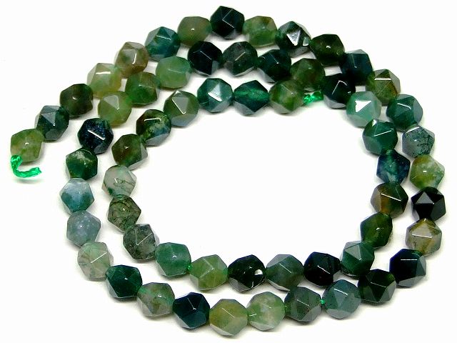 g3-162A　　モスアゲート 苔瑪瑙 6mm スターカット 1連38cm 通し針、解説書、1mゴム付き 送料無料 天然石 パワーストーン