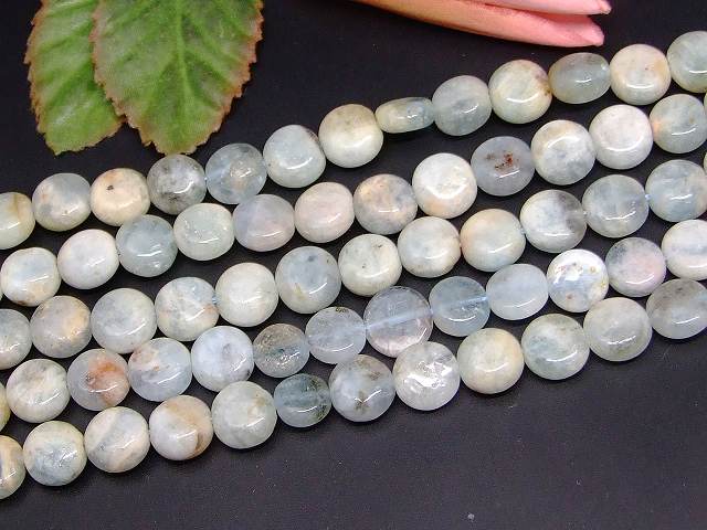 b3-7112　　今月の半額 わけあり アクアマリン 11mm 円盤 コイン 1連39cm 通し針、解説書、1mゴム付き 送料無料 天然石 パワーストーン