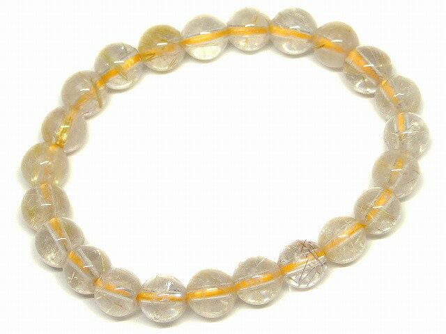 ※画像のものをお送りします。 オリジナルアクセサリー作りに是非どうぞ〜〜（m−m） ポーチに入れた状態で発送いたしますので、そのままプレゼントとしてご利用頂けます。 素材 天然 サイズ・重さ 約：重さ16g　玉径8mm・±0.5mm　内径16cm(ゴムは伸縮可) ※ 多少の誤差はご了承下さい。黄金色の人生を与える金運の石 日本名『針水晶』、『金紅石入り水晶』、『金線水晶』。 クォーツの一種ですが、ルチルがクォーツのパワーをいっそう高めるため、通常のクォーツよりも強力なエネルギーをもつといわれています。 集中力を高め、精神力を強化、勝負強さをもたらす力があり、仕事や試験、競争で勝利を手にしたい人には、力強いサポートで進むべき道に導いてくれるでしょう。 また、転職や転居など、人生の転機、新しい環境に対しての不安な気持ちをやわらげ、冷静で的確な判断力をもたらしてくれます。