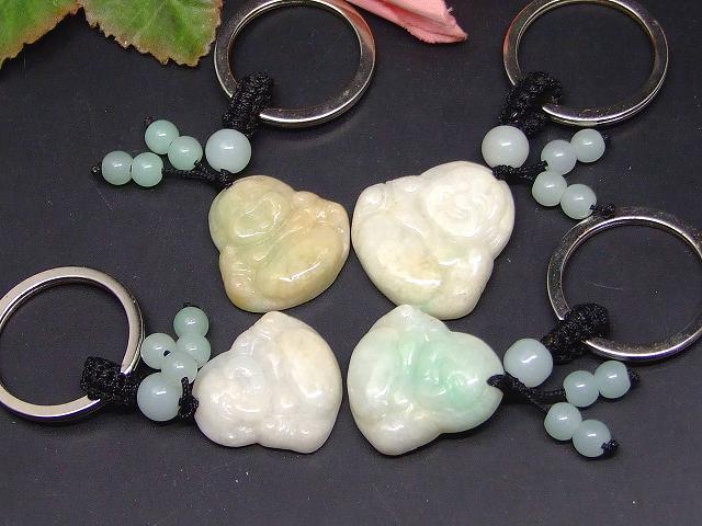 66855　　今月の半額 わけあり ミャンマー翡翠 キーホルダー 25mm／8mm／6mm 1個売り 七福神 布袋 笑門来福 カバン飾り お守り ヒスイ ジェイド ジェード ミャンマー産 送料無料 天然石 パワーストーン