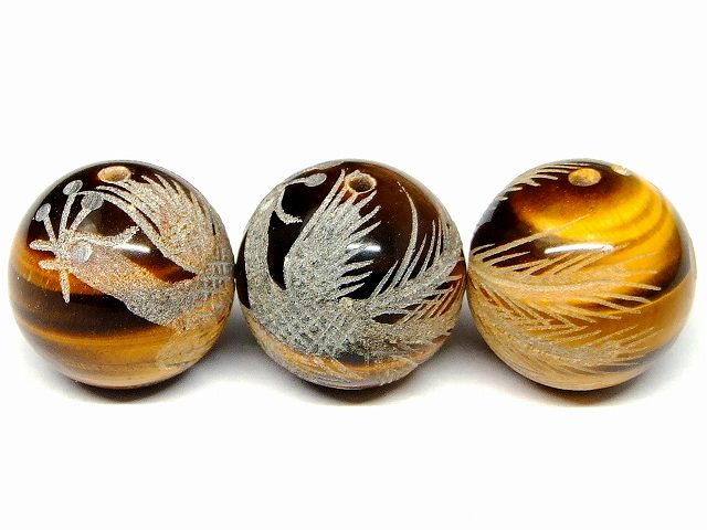 66973　　タイガーアイ 黄虎目石 14mm 1粒売り 朱雀 素彫り 南アフリカ共和国産 ネコポス送料無料 天然石 パワーストーン