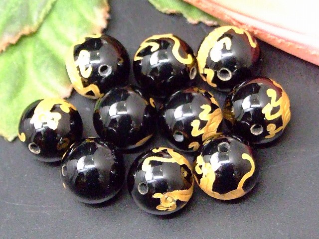 66874　　オニキス　白虎彫り金彫り 12mm 1粒売り ネコポス送料無料有 天然石 パワーストーン