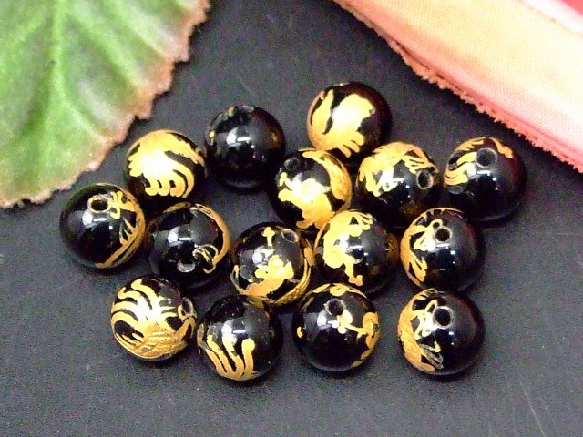 66995　今月40％OFF わけあり オニキス 朱雀彫り金彫り8mm 1粒売り ネコポス送料無料有 天然石 パワーストーン