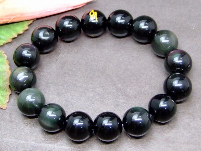 g3-390Q　　今月の半額 わけあり 14mm オブシディアン オニキス 龍 金彫り ブレスレット 内径18cm 鑑別済・本物保証 ポーチ付き 送料無料 天然石 パワーストーン