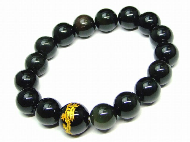 g3-390Y　　今月の半額 わけあり 12mm オブシディアン 14mm オニキス 龍 金彫り ブレスレット 内径18cm 鑑別済・本物保証 ポーチ付き 送料無料 天然石 パワーストーン