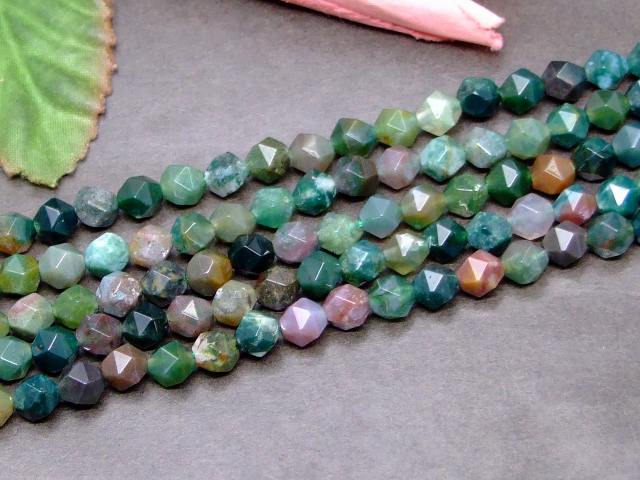 g3-153A　　モスアゲート 苔瑪瑙 6mm スターカット 少面 1連38cm 通し針、解説書、1mゴム付き 送料無料 天然石 パワーストーン