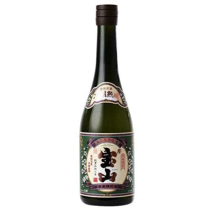 【商品概要】 商品名 薩摩宝山　長期熟成 品目 本格芋焼酎 内容量 720ml 原材料 薩摩芋（鹿児島県産）、芋麹（鹿児島県産） アルコール度数 25％ 【商品説明】 薩摩宝山長期熟成は、米を一切使わずに芋だけで造り上げた特別な芋焼酎です。 通常、麹原料は米を使いますが、薩摩宝山長期熟成は、麹原料・掛原料ともに厳選された芋のみを用いて仕込みました。 米麹とは違い、より手間暇がかかりますが芋麹ならではの濃厚な味わいと深みのある香りが特長です。 通常より熟成期間を長くすることで、カドの取れた丸みのある味わいを存分にお楽しみください。 オススメの飲み方：ロック、水割り、お湯割り 未成年者への酒類の販売は固くお断りしております。