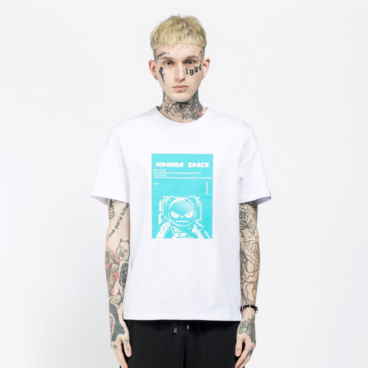 ［メンズ］［公式］ハイパンダ HIPANDA 宇宙飛行士　ライトブルー プリント Tシャツ おしゃれ かっこいい 半袖 春 夏 綿 100％ 白Tシャツ カットソー 白 黒 LL XL