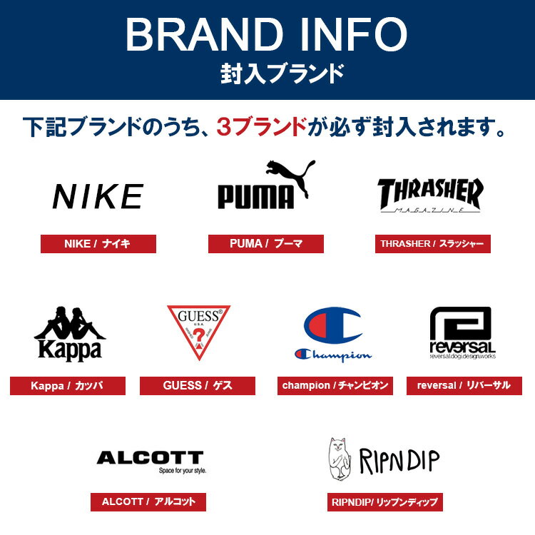 福袋 ブランド ミックス 半袖 Tシャツ 3点セット puma GUESS Champion THRASHER reversal Kappa ALCOTT RIPNDIP TOMMY HILFIGER NIKE メンズ レディース [brandmix2022hb1]【送料無料】【あす楽対応】